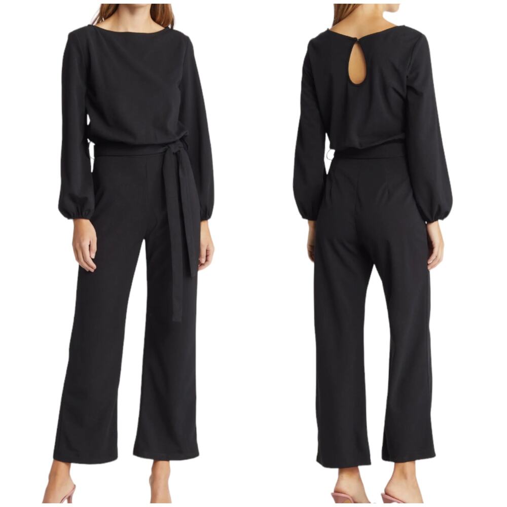 Nikki Lund NWT Joy Long Sleeve Tie Waist Jumpsuit Black Size M Flare Leg Trendy